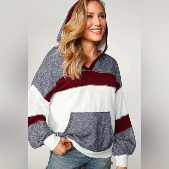 *Last One* Color Block White/Navy/Burgundy Outseam Detail Hoodie Top, sizes M - Picture 5 of 7